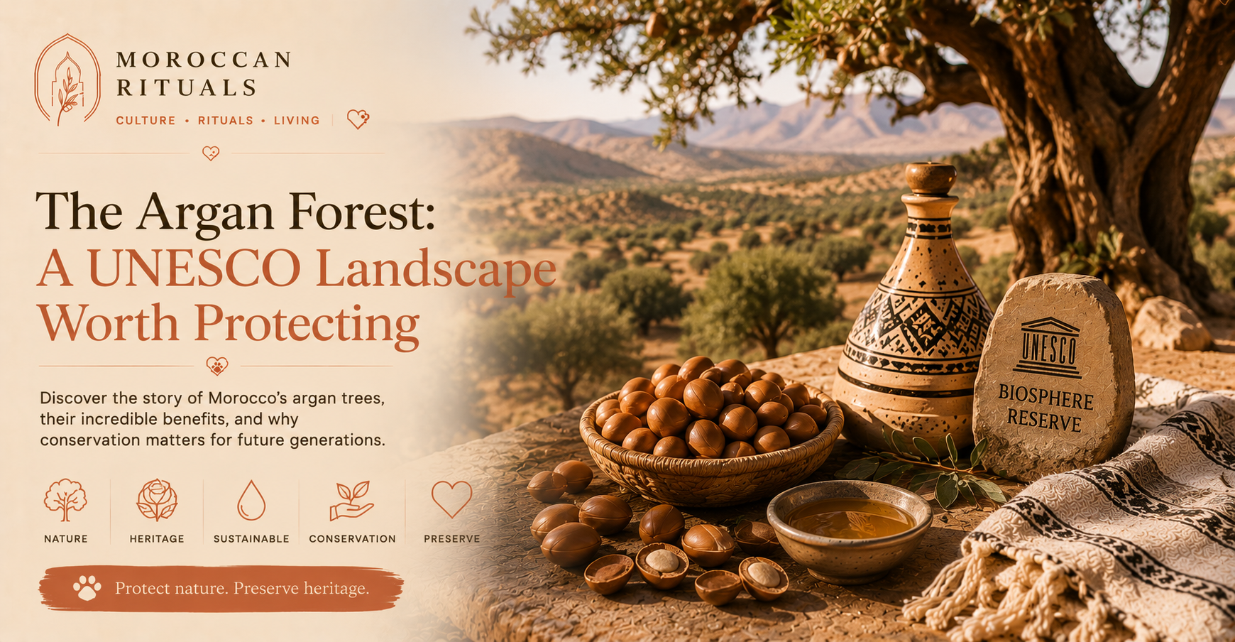 A wide view across the argan forest in the Souss basin, low twisted trees scattered across pale-yellow rocky ground with the Anti-Atlas mountains rising in the distance under a hazy morning sky.
