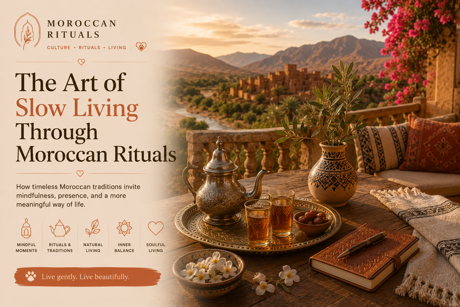 A low table set with a silver teapot and small painted glasses, a plate of dates, and a book left face-down beside a cushion in the corner of a Moroccan courtyard, morning light angling in through a wooden screen.