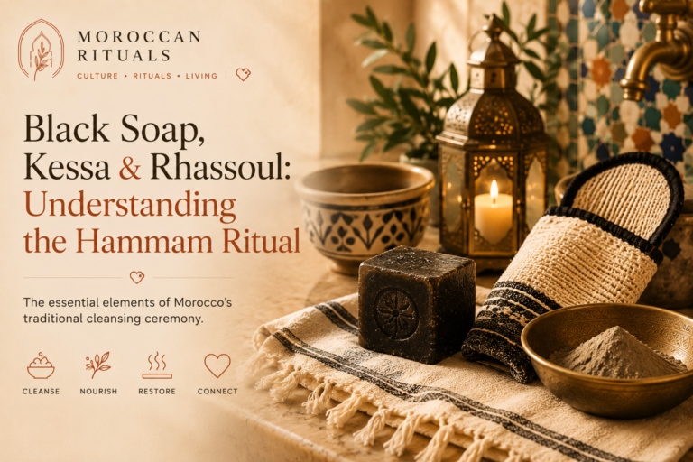 Three hammam essentials arranged on a linen cloth: a small jar of dark olive-green savon beldi, a folded taupe kessa exfoliating glove, and a rough lump of reddish-brown rhassoul clay beside its powder form.