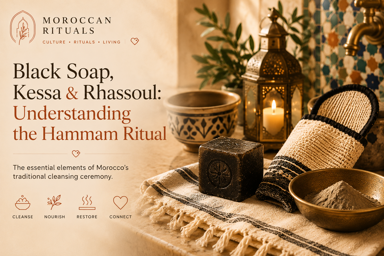 Three hammam essentials arranged on a linen cloth: a small jar of dark olive-green savon beldi, a folded taupe kessa exfoliating glove, and a rough lump of reddish-brown rhassoul clay beside its powder form.