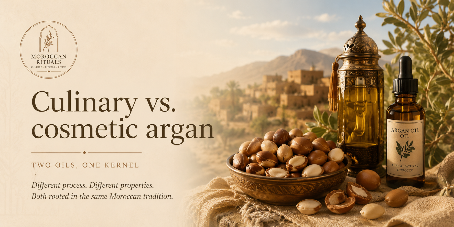 Comparison of culinary and cosmetic argan oil with roasted argan kernels, cosmetic oil bottle, and traditional Moroccan setting.