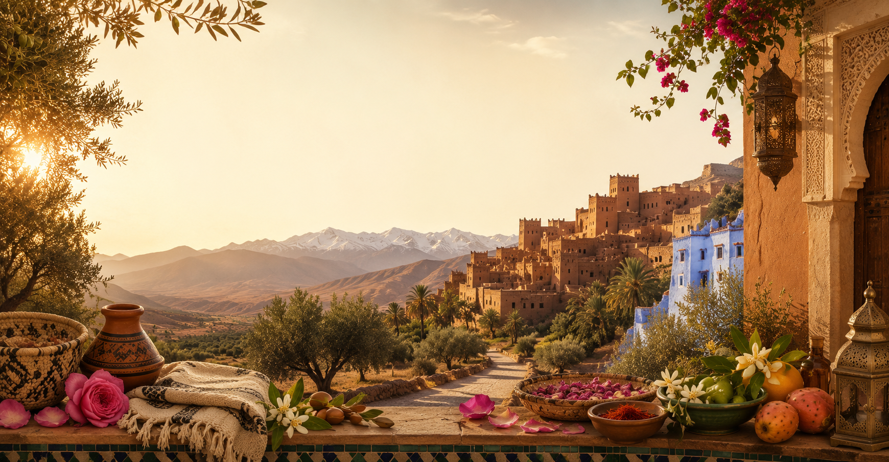 A wide view of a Moroccan valley in spring — pink almond blossom and green terraces below dry mountains.