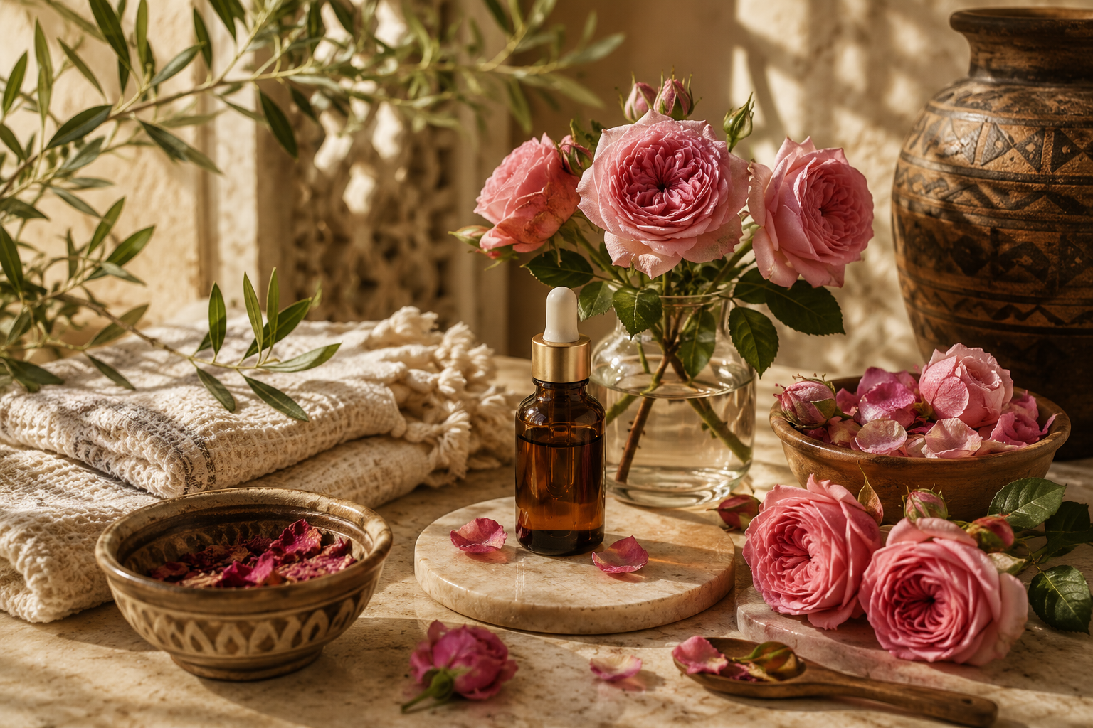 A bowl of fresh Damask rose petals beside a small glass bottle of rose oil in warm afternoon light.