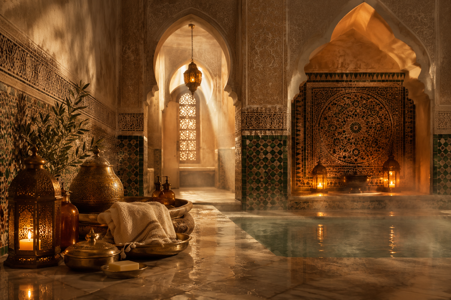 Interior of a Moroccan hammam — vaulted stone alcoves, low glowing lanterns, and a shallow pool at the centre reflecting the domed ceiling.