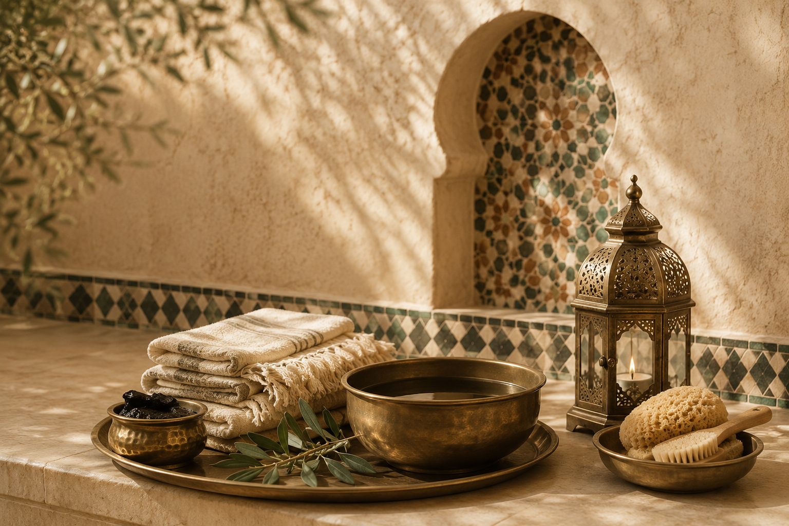 Interior of a Moroccan hammam with vaulted domes, star-shaped skylights, and steam-softened stone floors.