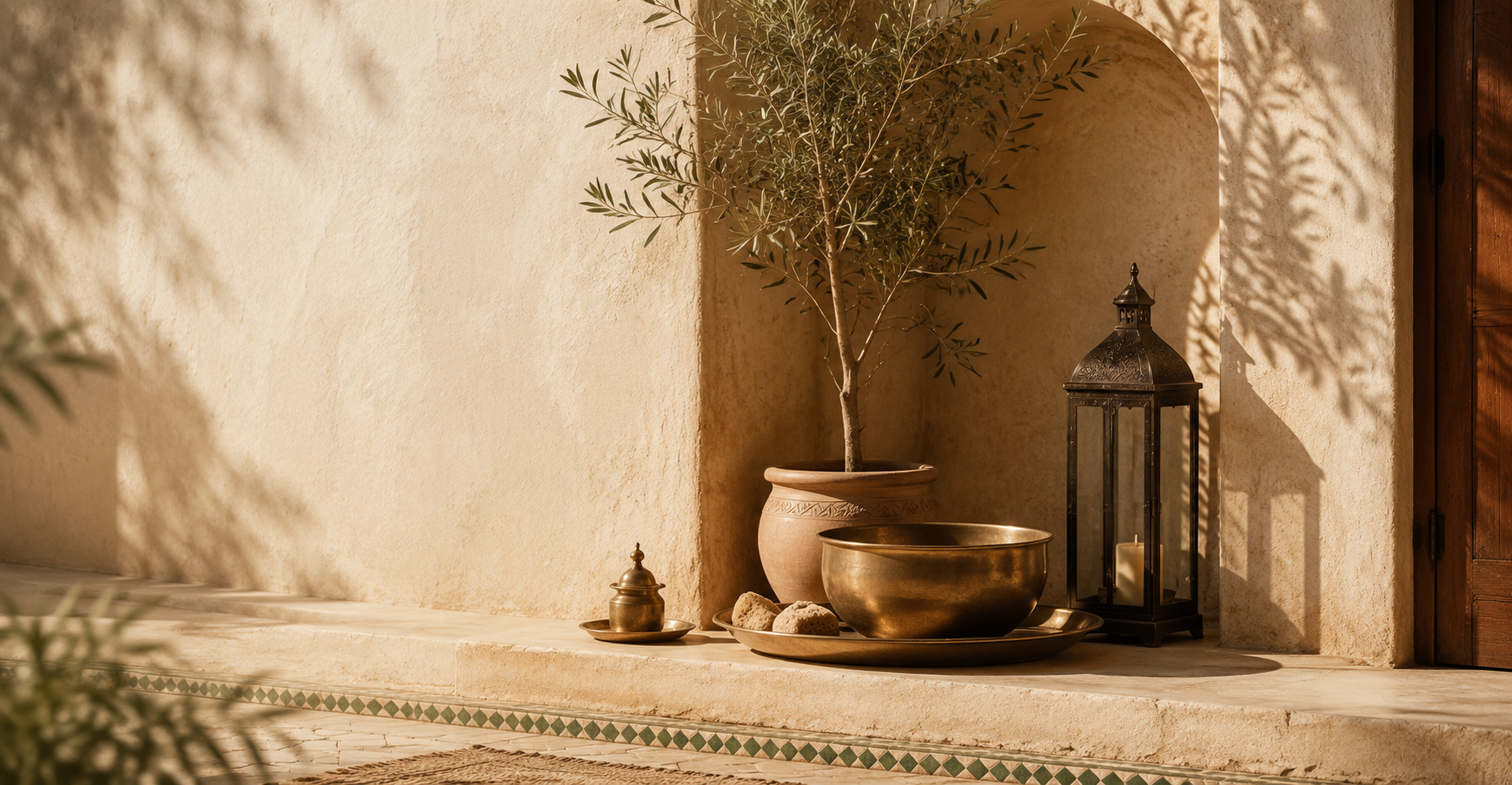A traditional Moroccan interior — a brass bowl on a low stone plinth, an olive branch rising from a hammered basin, a small lantern, in warm afternoon light against a terracotta plaster wall.