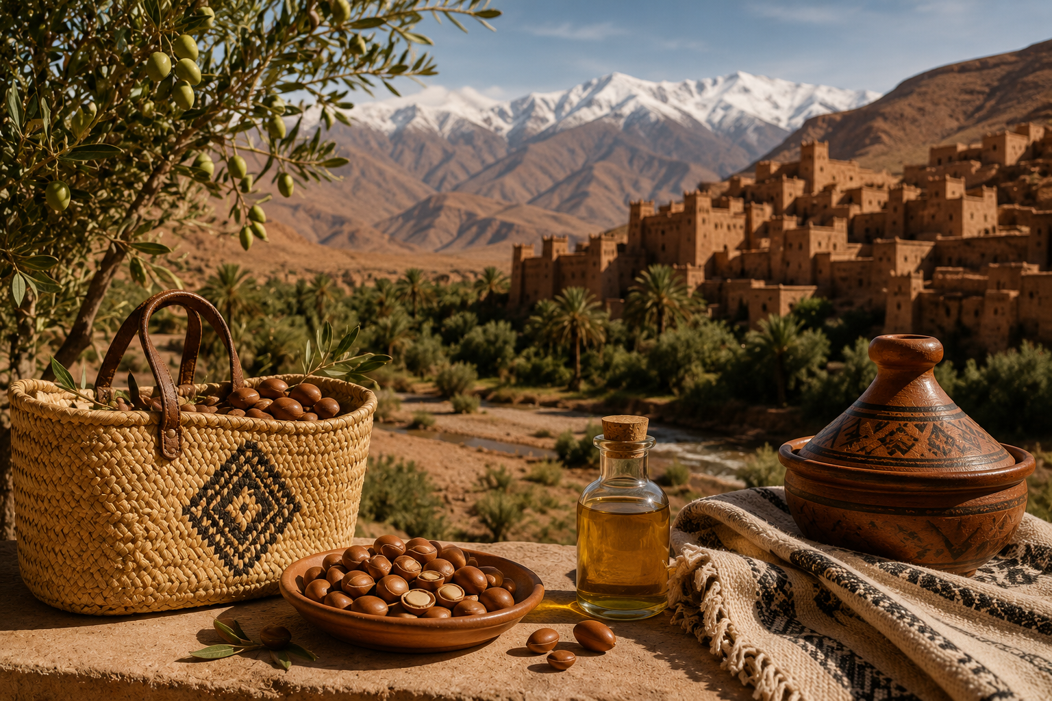 A view across the Dades Valley with earthen villages nestled among green fields and rocky ridges rising in the distance.