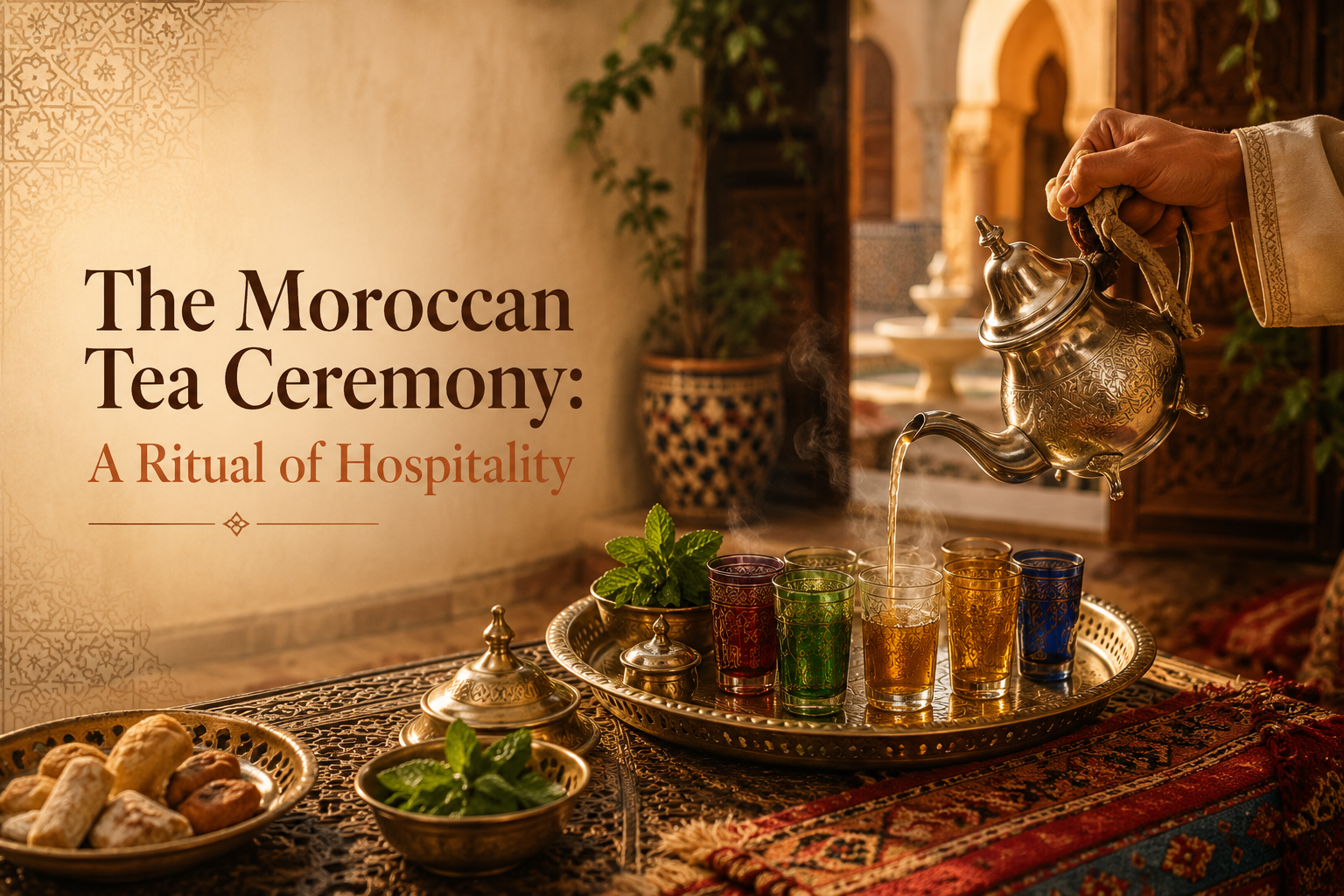 A silver Moroccan teapot suspended in mid-pour, an amber arc of hot tea falling from a foot above into a small painted glass on a low brass tray, mint leaves visible around the base of the teapot.