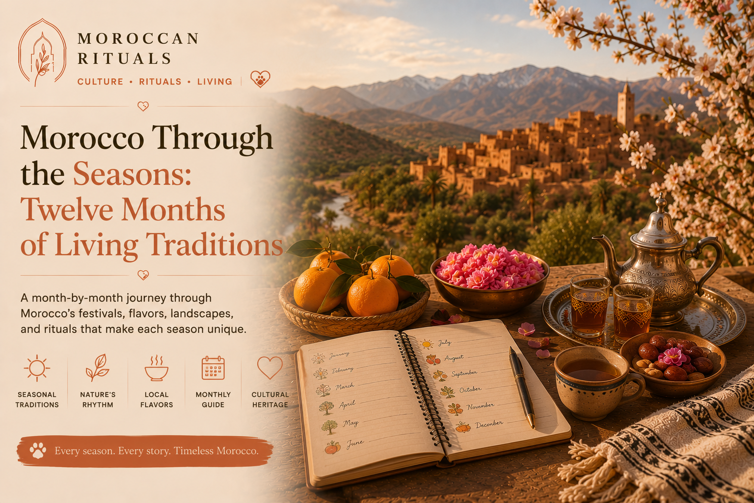 A composite view showing four seasonal Moroccan landscapes — spring roses in the Dades Valley, summer argan trees in the Souss, autumn olive harvest in the Rif, winter snow on the High Atlas — arranged as a horizontal frieze.