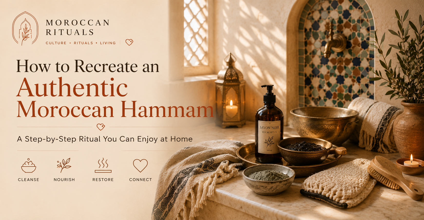 A domestic bathroom set up for a home hammam ritual: a small pot of black soap, a folded kessa glove, a wooden bowl of rhassoul clay powder, and a copper bucket set beside a shower.