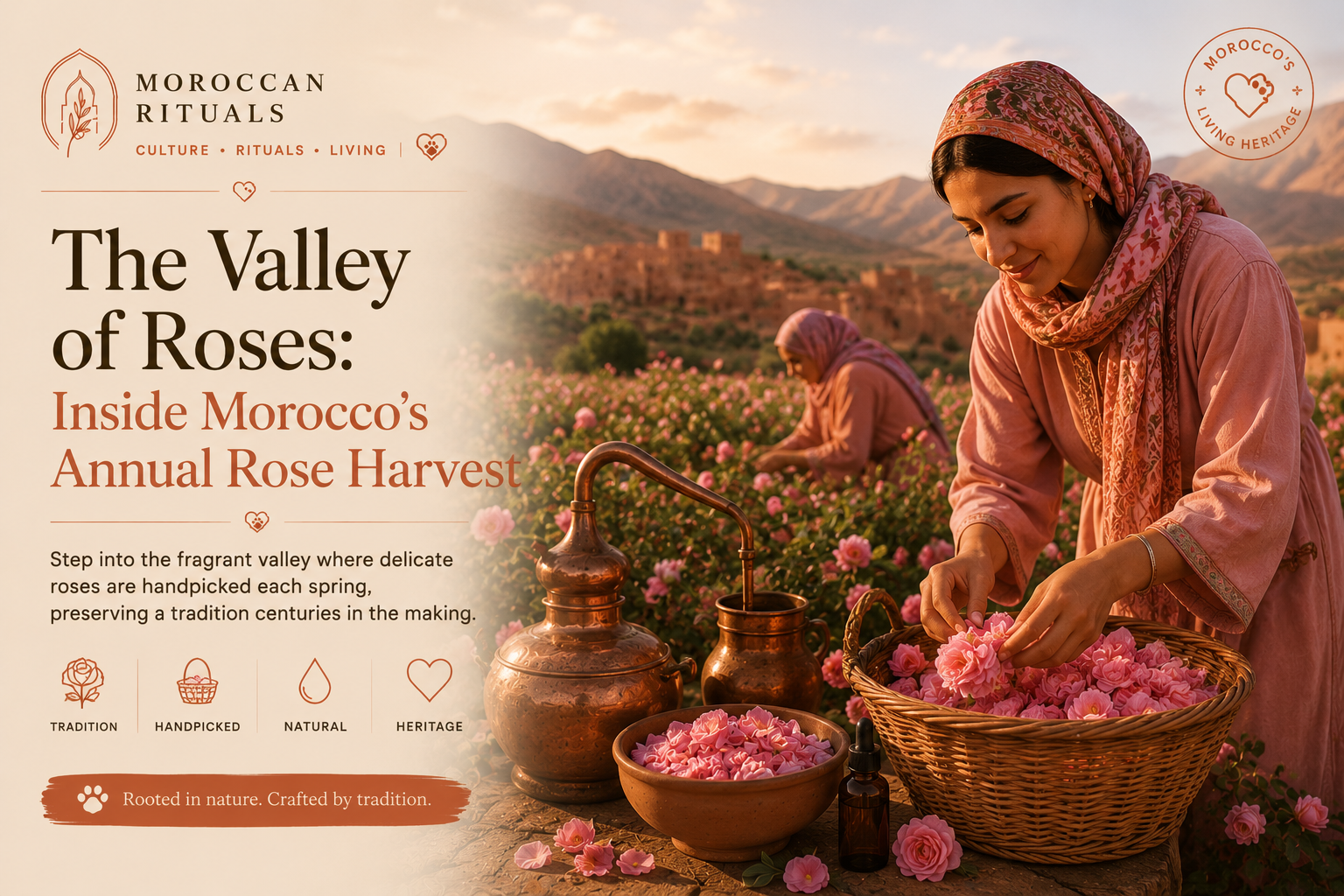 Rows of pink Damask roses growing as hedgerows along an irrigation channel in the Dades Valley at dawn, mist still rising from the ground and workers with baskets moving between the plants.