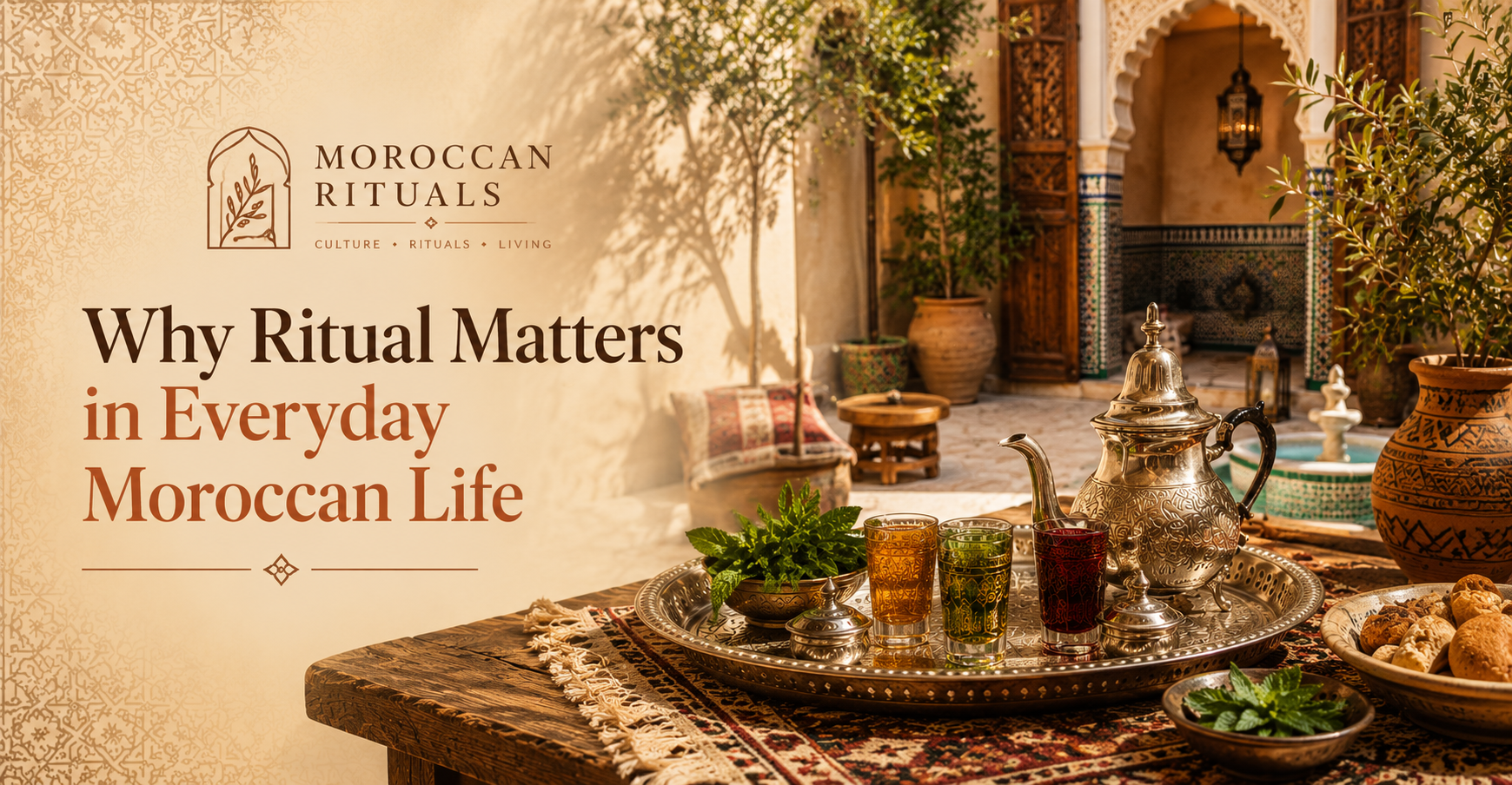 A weathered wooden door of a Moroccan medina house, opened onto a courtyard where a low table is set with a silver teapot, small glasses and a plate of dates, in soft late-morning light.