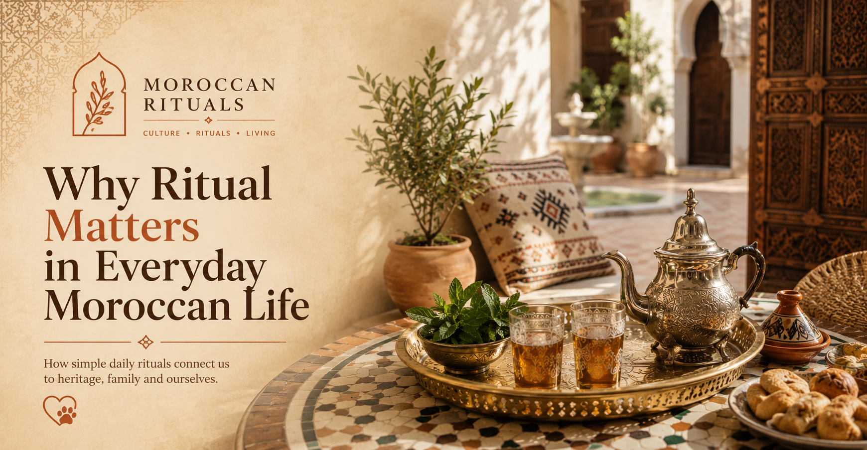 An older Moroccan woman's hands, ringed and marked with pale henna, resting on a low wooden table beside a small clay bowl of rhassoul paste and a bottle of argan oil, in warm afternoon light.
