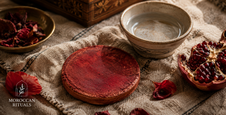 Aker Fassi: The Fez Red on a Clay Tile, Explained. A close portrait of aker fassi — Morocco's traditional lip and cheek pigment