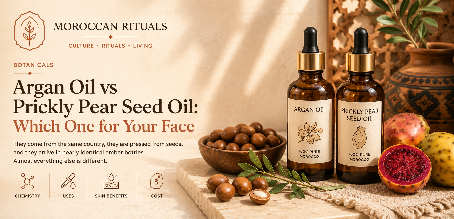 A schematic bar comparison of the dominant fatty acid profiles of argan oil and prickly pear seed oil, showing argan is oleic-dominant while prickly pear seed is linoleic-dominant.