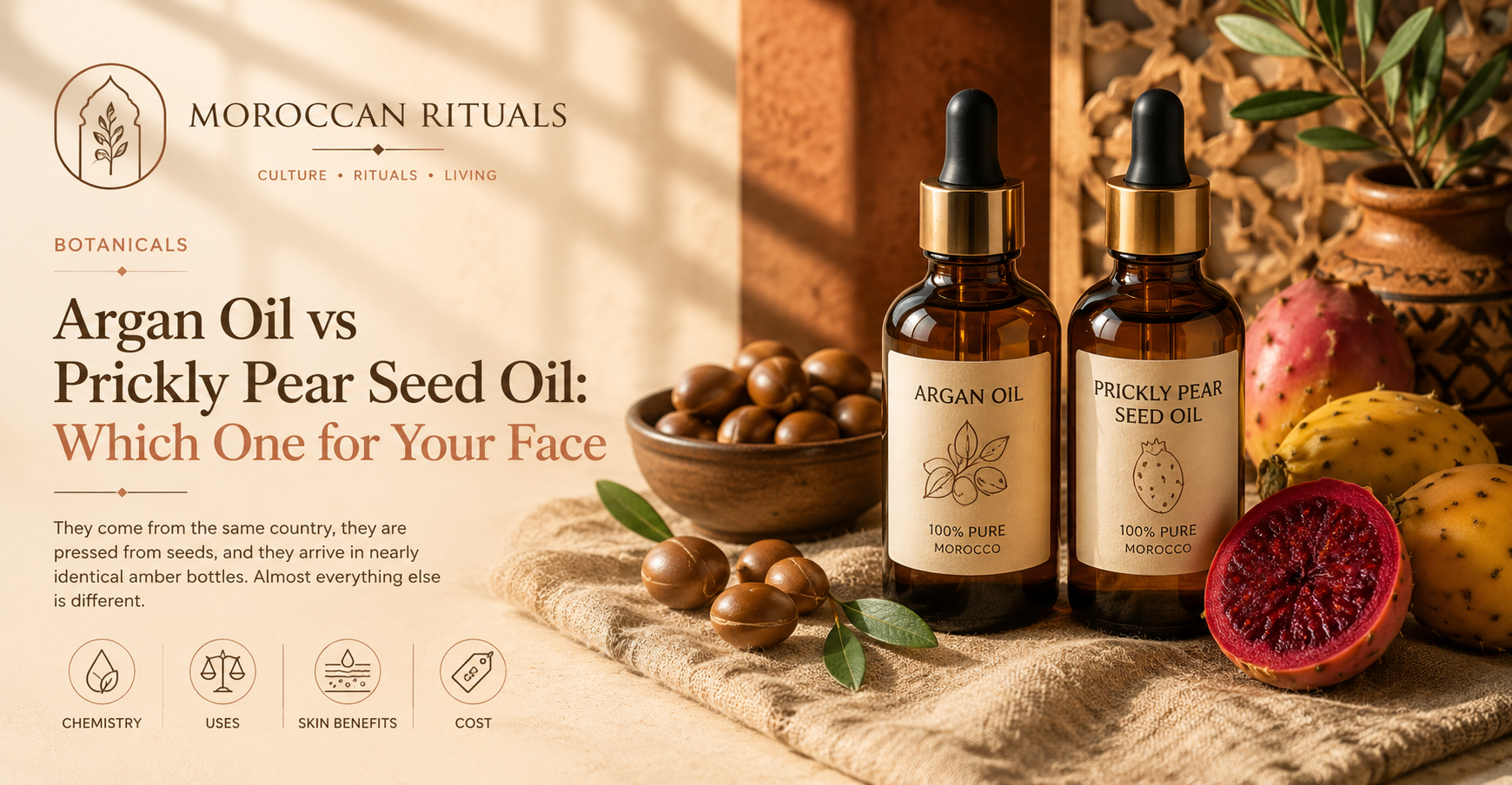 Two small amber glass bottles side by side on a linen surface, one filled with pale golden argan oil, the other with pale yellow-green prickly pear seed oil.