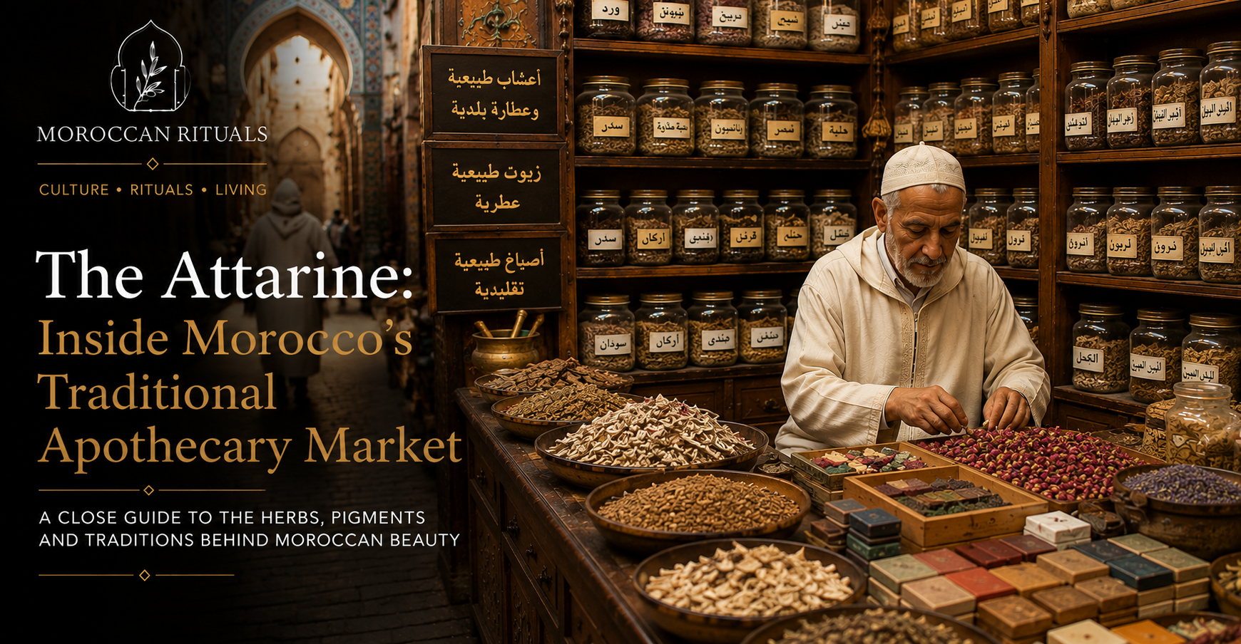 A deep interior arcade of the Fez Attarine market, cedar wood shelving stacked from floor to ceiling with small glass jars, wooden trays of dried petals, ceramic tiles of pigment, and paper twists of herbs, with an older attar in a plain djellaba seated behind a low counter.