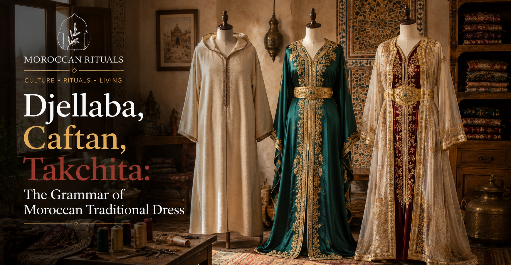 A tailor's atelier in the Fez medina with three finished garments hung against a limewashed wall — a plain wool djellaba on the left, a silk brocade caftan in the centre, and a two-layer takchita with a wide embroidered mdama belt on the right.