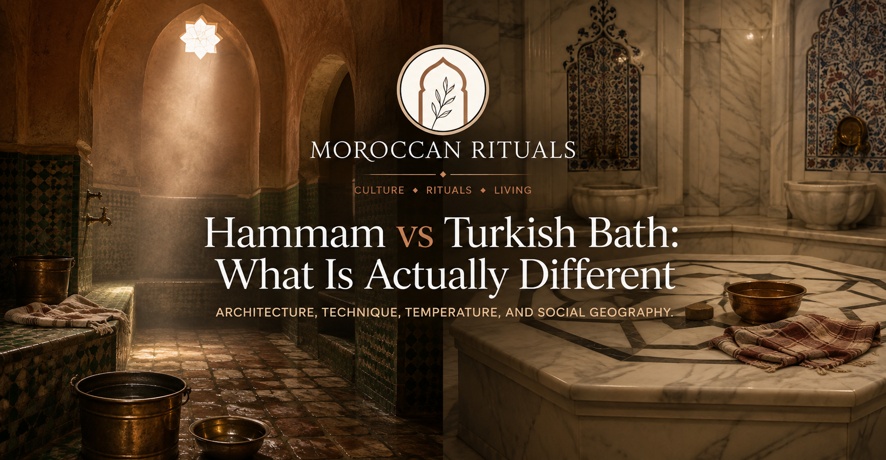 A composite view of two traditional bath interiors: a Moroccan hammam hot room with vaulted ceiling and a small star-shaped oculus, and a Turkish hamam with its central heated marble platform, the göbek taşı.