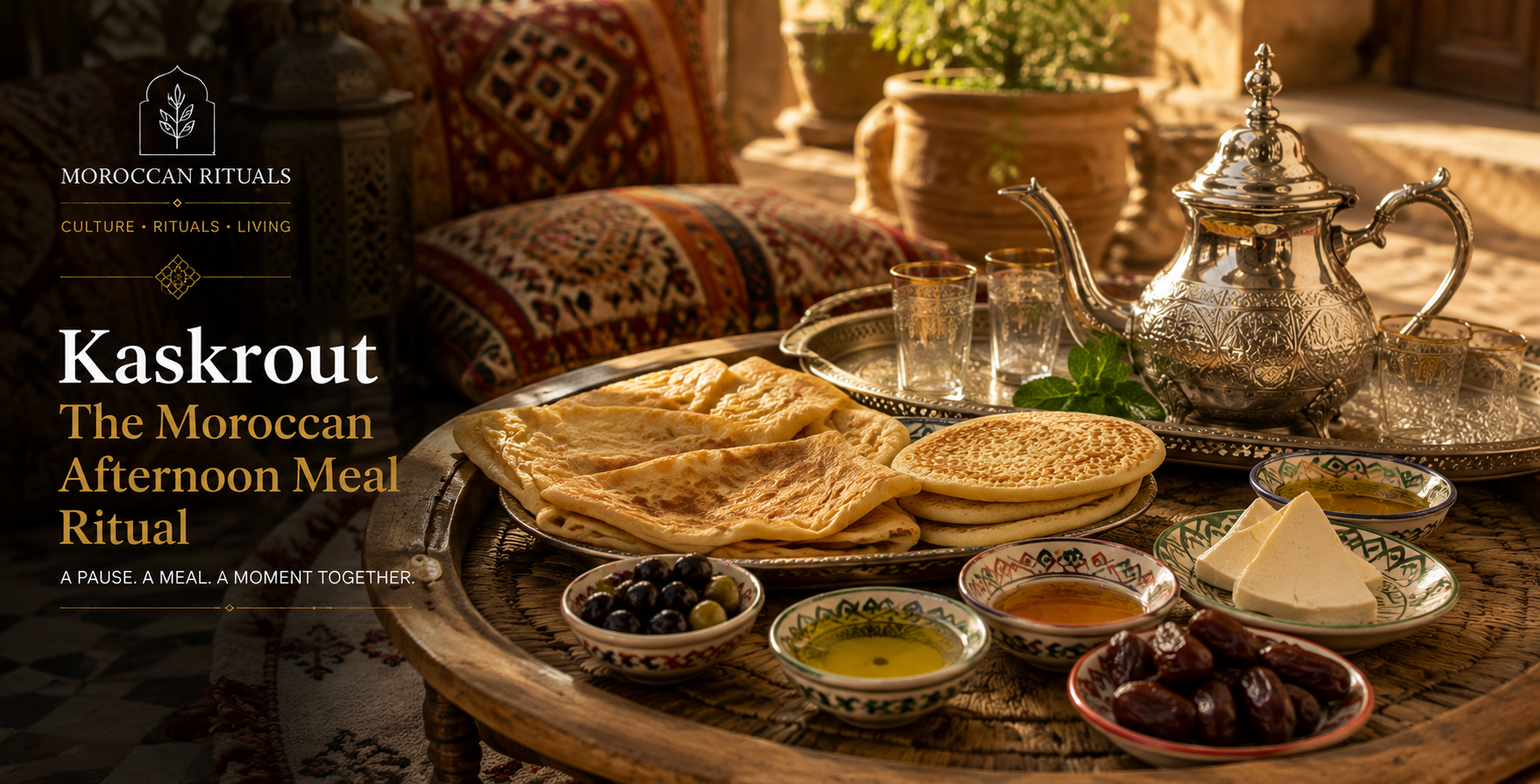 A traditional Moroccan kaskrout spread on a low round mida table — msemen and baghrir stacked warm on a plate, small dishes of olive oil, honey, and fresh butter, a bowl of olives, a wedge of cheese, a plate of dates, and the household berrad and glasses set to one side ready to pour.