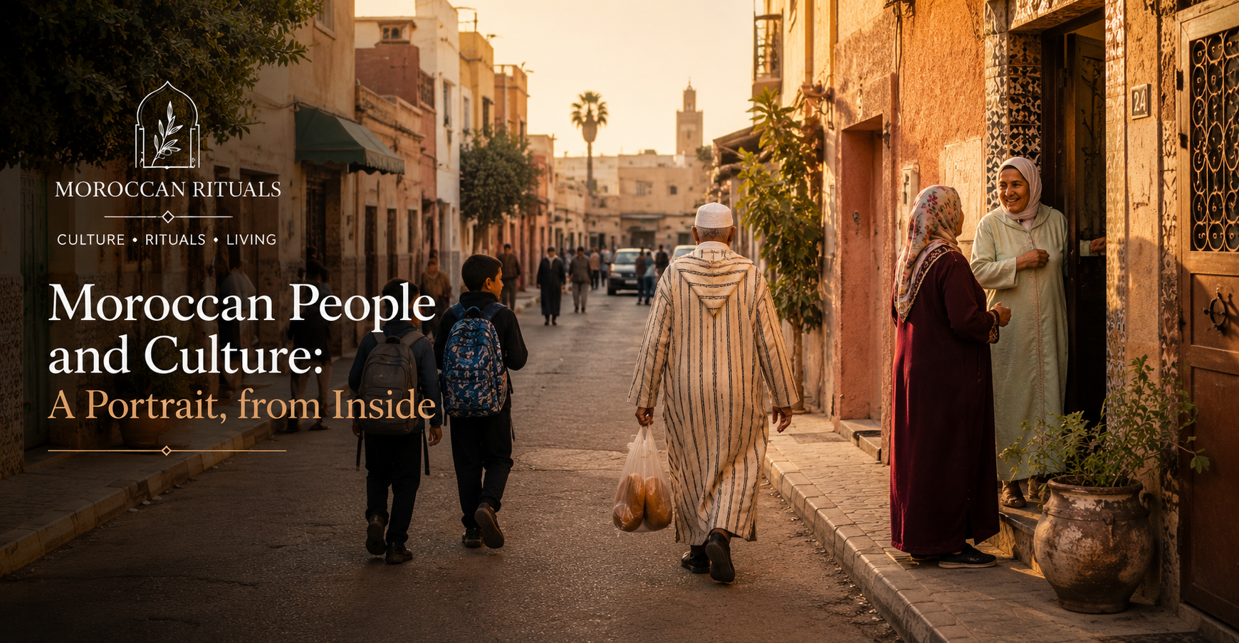 A neighbourhood street in Casablanca in late afternoon: children returning from school, an older man walking with a bag of bread, a woman greeting a neighbour from a doorway.