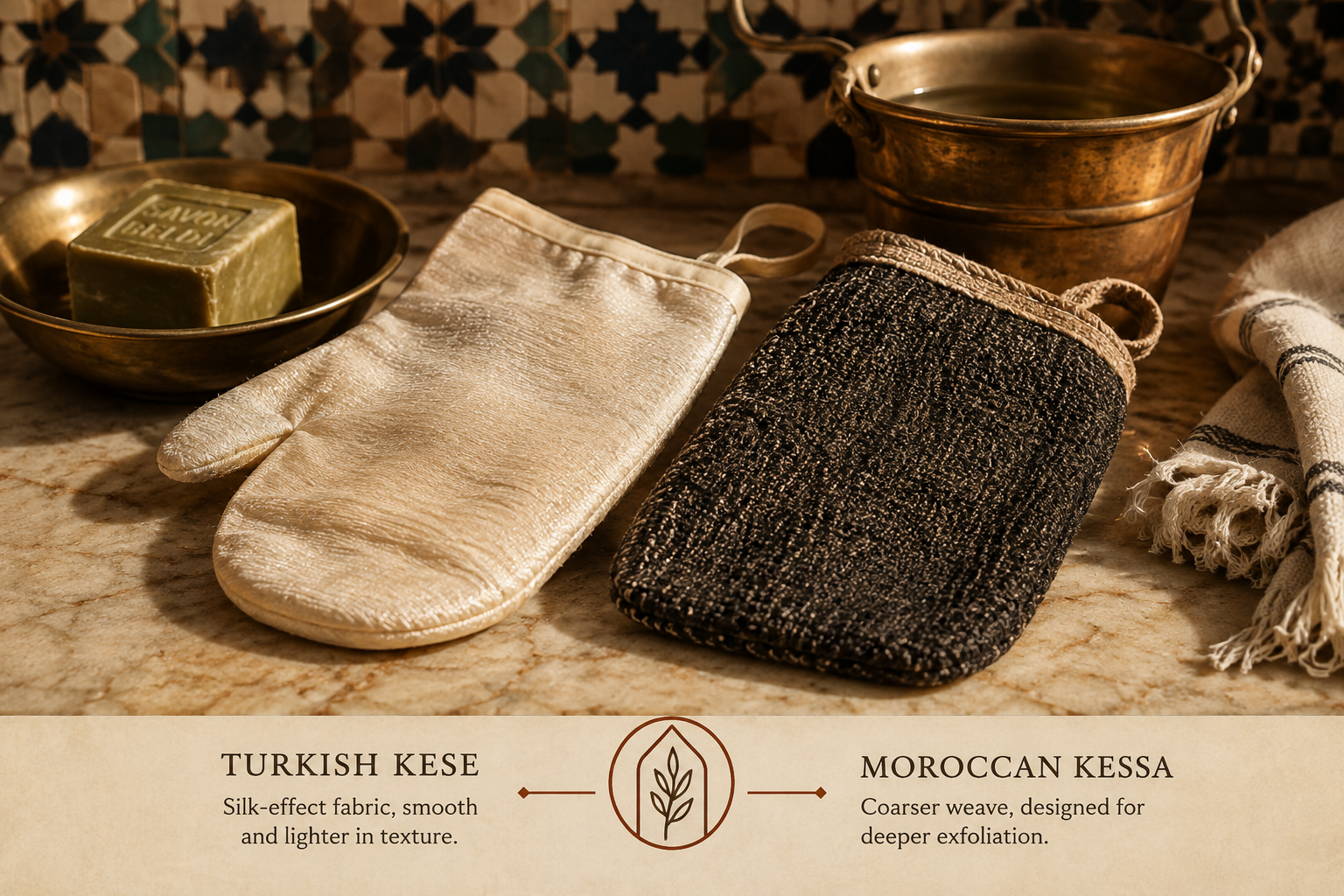 A close view of two exfoliating mitts side by side — a Turkish kese in cream-coloured silk-effect fabric and a Moroccan kessa in coarser, darker crêpe fibre.