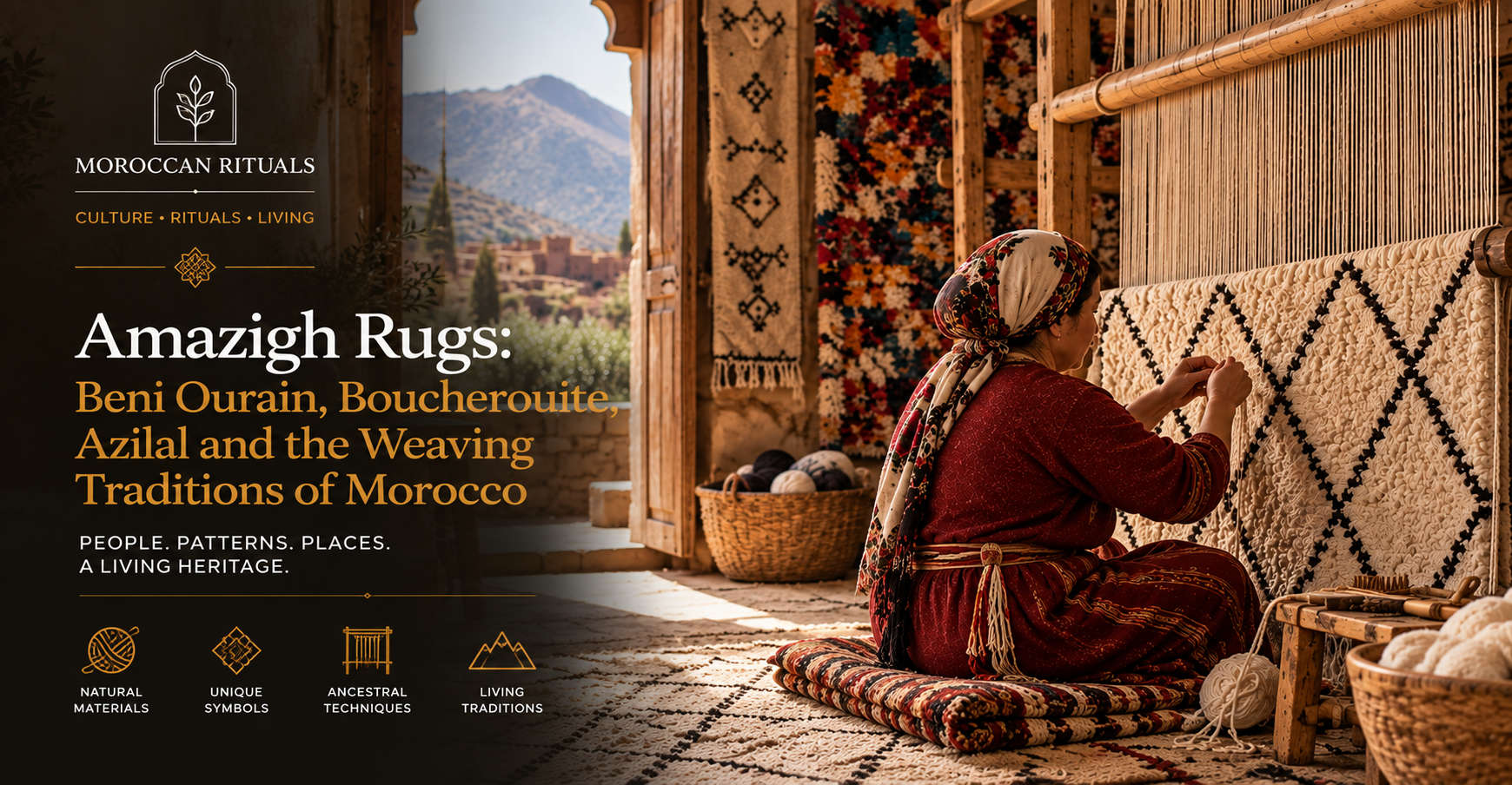 A weaver in a Middle Atlas village working on a Beni Ourain rug on a vertical wooden loom, the undyed cream wool with black diamond motifs half-finished, natural light through the doorway of a stone-walled workroom, three finished rugs rolled and stacked against the wall behind her.