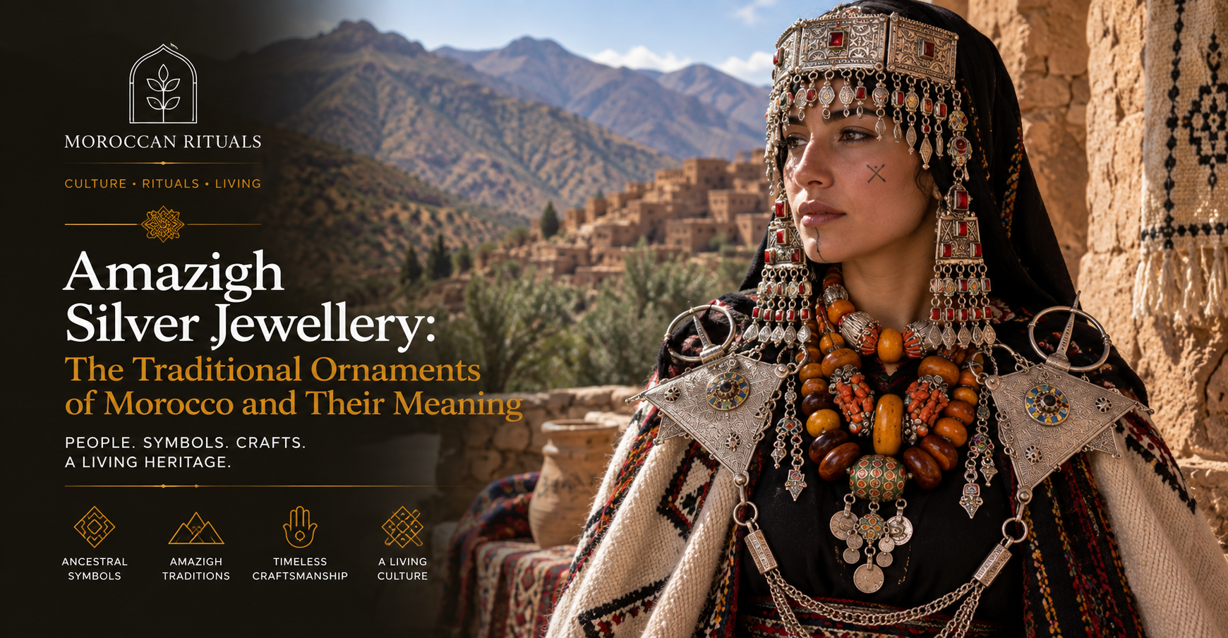 An Amazigh woman from the Anti-Atlas wearing traditional silver jewellery — a wide silver fibula pair joined by a chain at the shoulders, heavy silver necklace with amber and coral beads, silver-enamelled forehead pendant, and coin-hung silver earrings, photographed against a stone wall in traditional dress.