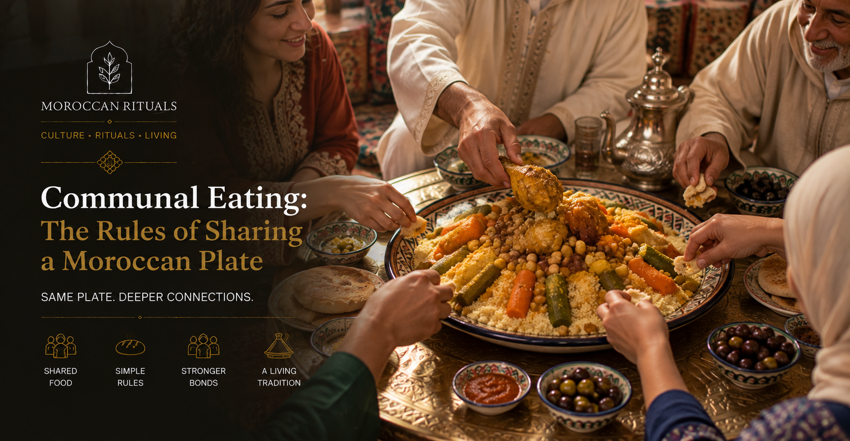Six pairs of hands around a large shared couscous platter on a low round mida table, each person eating from their own section of the plate with pieces of bread folded into small scoops, the host in the centre carefully placing a choice piece of chicken from the middle onto a guest's section.
