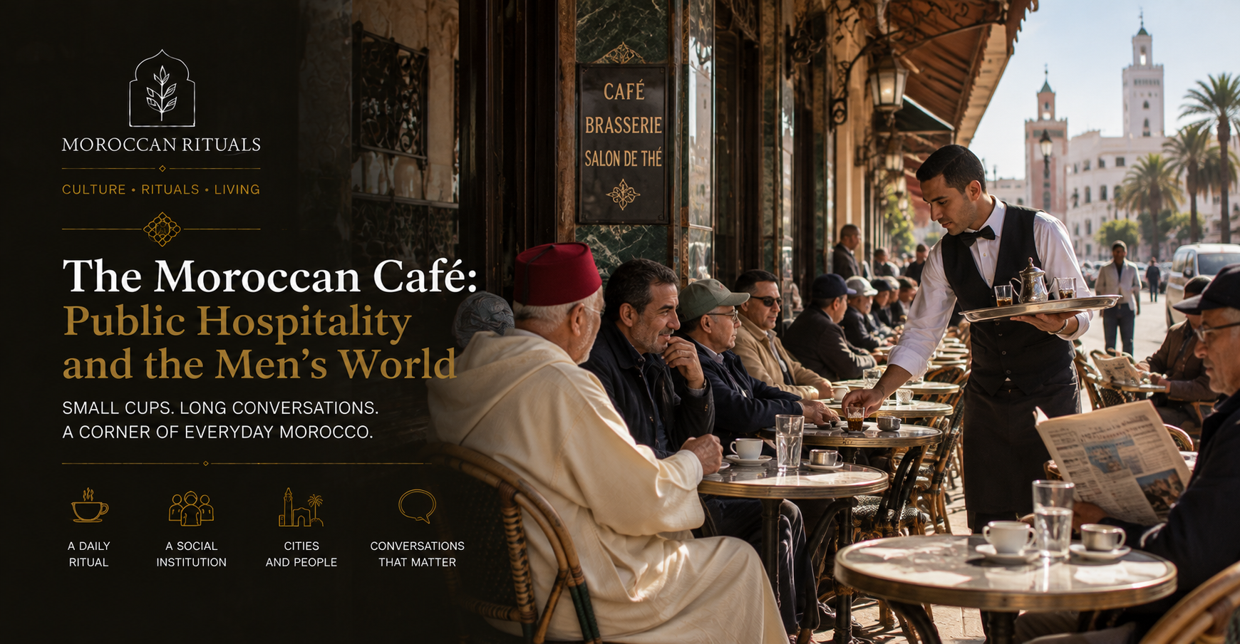 A traditional Moroccan cafe on a Casablanca boulevard — rows of small round tables extending onto the pavement, twenty or thirty men seated facing the street with small cups of espresso and glasses of water, a waiter in white shirt and black waistcoat moving between the tables with a large silver tray.