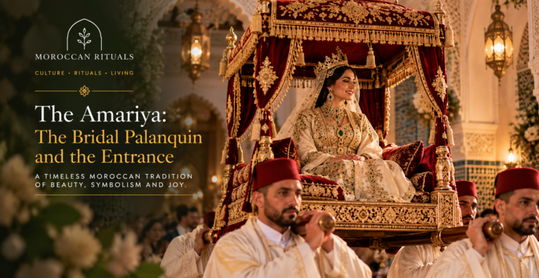 Four bearers in white uniforms carrying a canopied bridal palanquin at shoulder height through a crowded wedding hall, the bride seated inside under a domed velvet canopy, guests standing with phones raised.