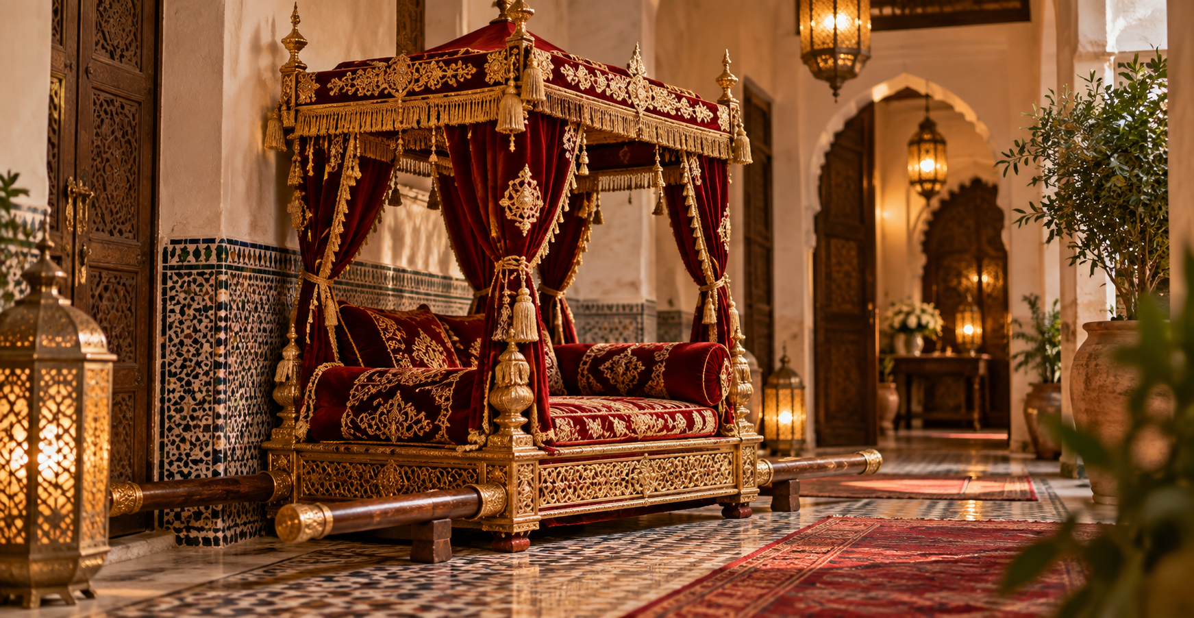 An empty bridal amariya set down in a hall's side corridor, its red velvet canopy and gold fringe lit by a bare bulb, the carrying poles resting on two chairs.
