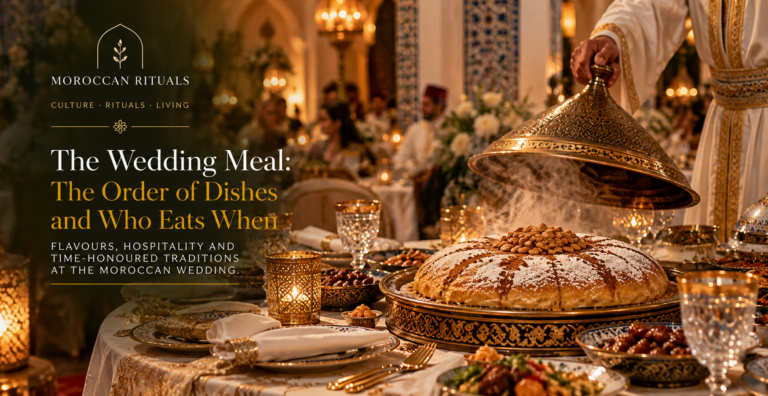 A round wedding table at half past one in the morning, a large bastilla dusted with icing sugar and cinnamon at its centre, guests reaching in with bread, a tea glass and a bottle of water at each place.