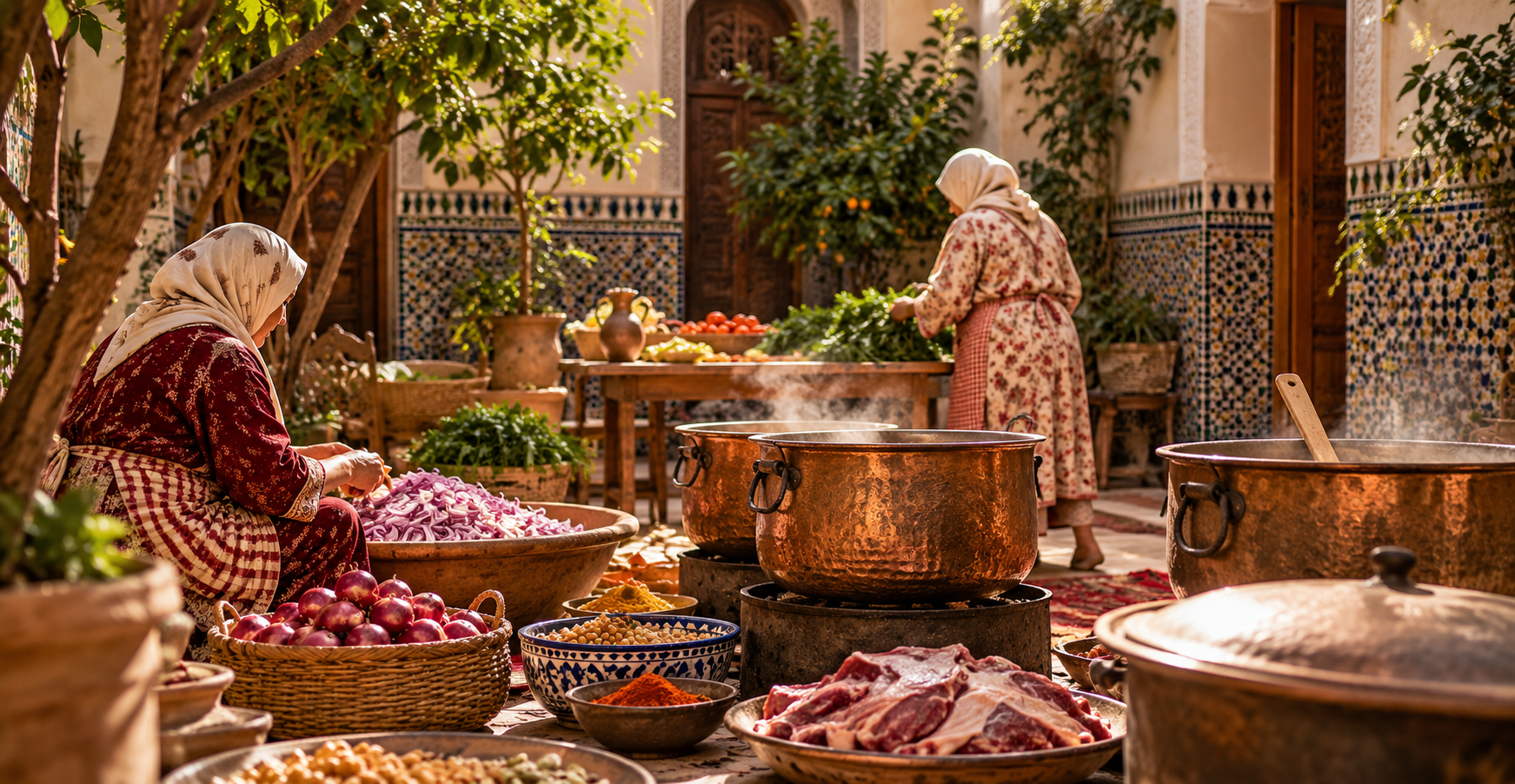 A courtyard the day before a home wedding, two enormous aluminium pots on charcoal braziers, a woman in an apron stirring one with a long wooden paddle, stacked platters and a basin of peeled onions beside her.