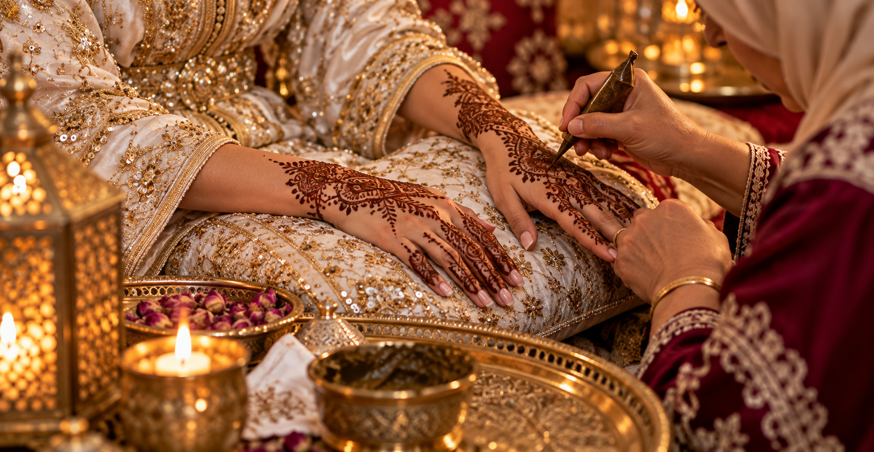 A bride's outstretched hands on a cushion, freshly painted with henna in a dense floral pattern, the naqasha's cone and a saucer of lemon and sugar syrup beside them.