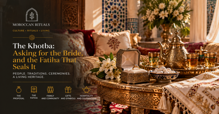 A living-room table in a Moroccan family home set for guests, a silver tea tray, a plate of dates. The Khotba Rtual