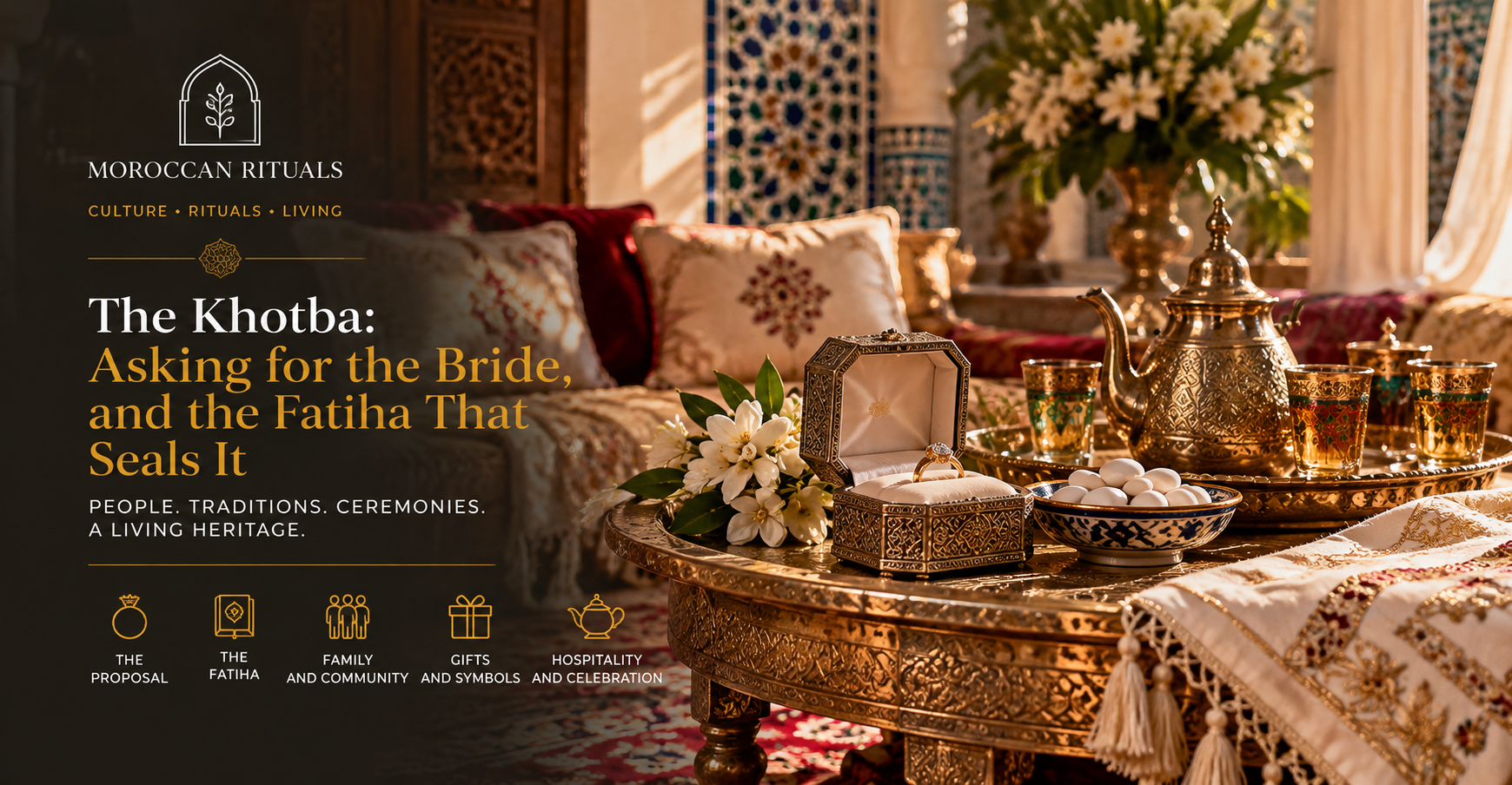 A living-room table in a Moroccan family home set for guests, a silver tea tray, a plate of dates, and two conical sugar loaves in blue paper placed at the end as gifts.