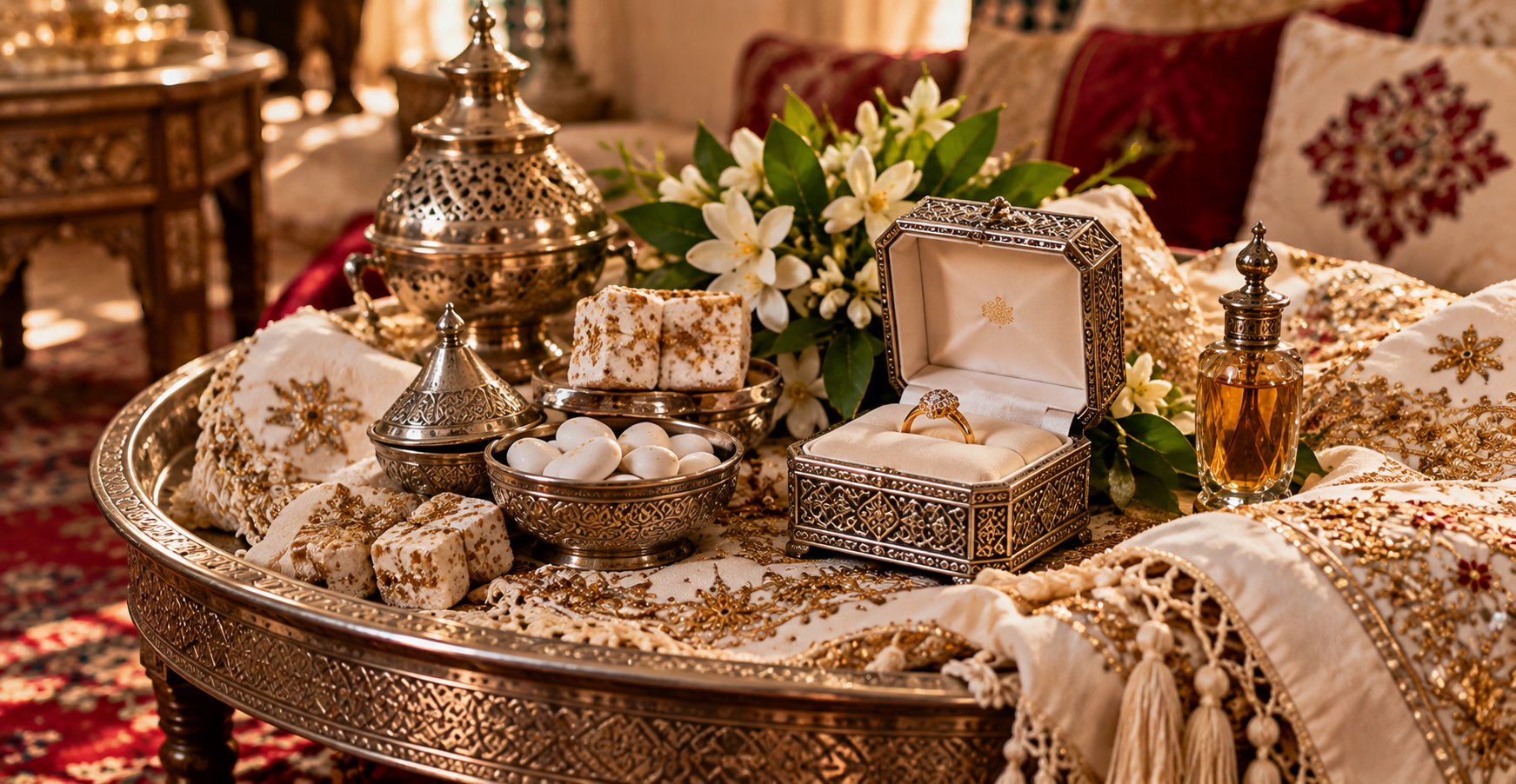 A round woven tbaq tray on a low table, covered by an embroidered cloth pulled back to show sugar loaves, a cone of henna in decorated paper, dates, and a small jewellery box.