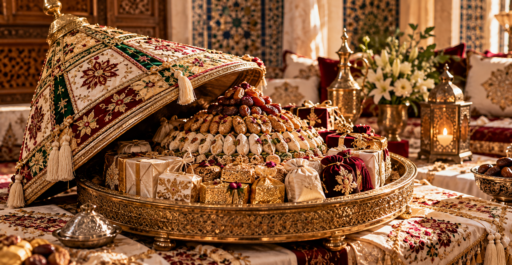 A tall conical-lidded tifor tray with its embroidered cover removed, revealing a pyramid of sugar loaves in blue paper, a cone of henna, folded brocade, and a pair of gold-embroidered slippers.