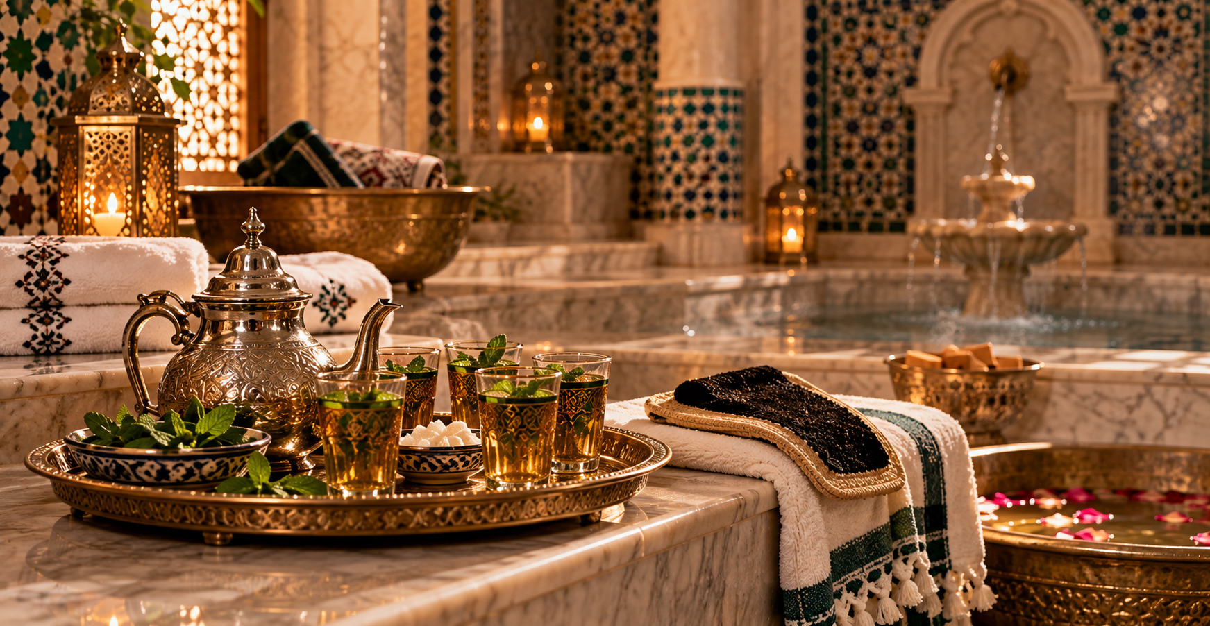 A silver tray on a hammam changing-room bench with glasses of mint tea, a plate of kaab el ghzal pastries, and a folded fouta towel, steam visible through the doorway behind.