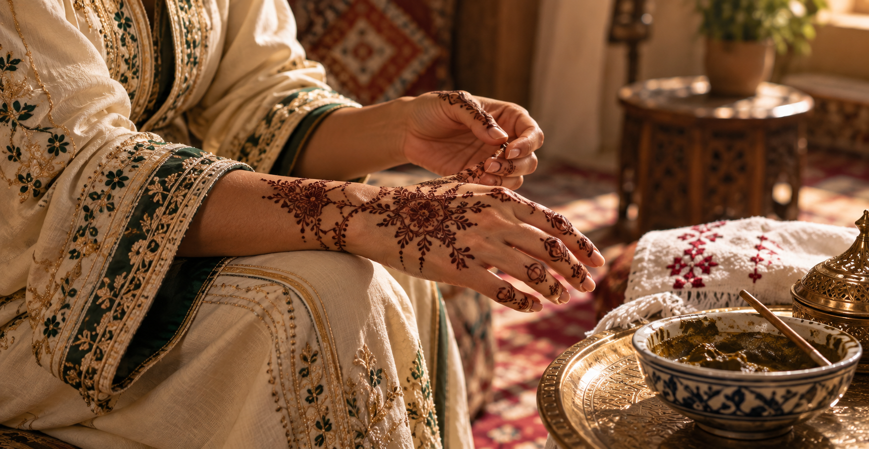 Two pairs of hennaed hands side by side on a white cloth, one in dense fine geometric Fassi lattice-work, the other in bolder open floral Marrakchi motifs with thick lines.