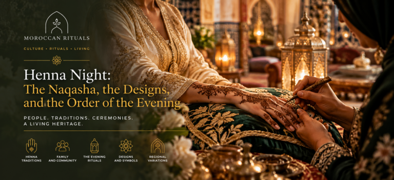 A bride seated on cushions in a green caftan, her hands laid palm-up on a velvet cushion while a woman beside her draws fine lines of henna paste with a syringe, other women watching from the sofas.