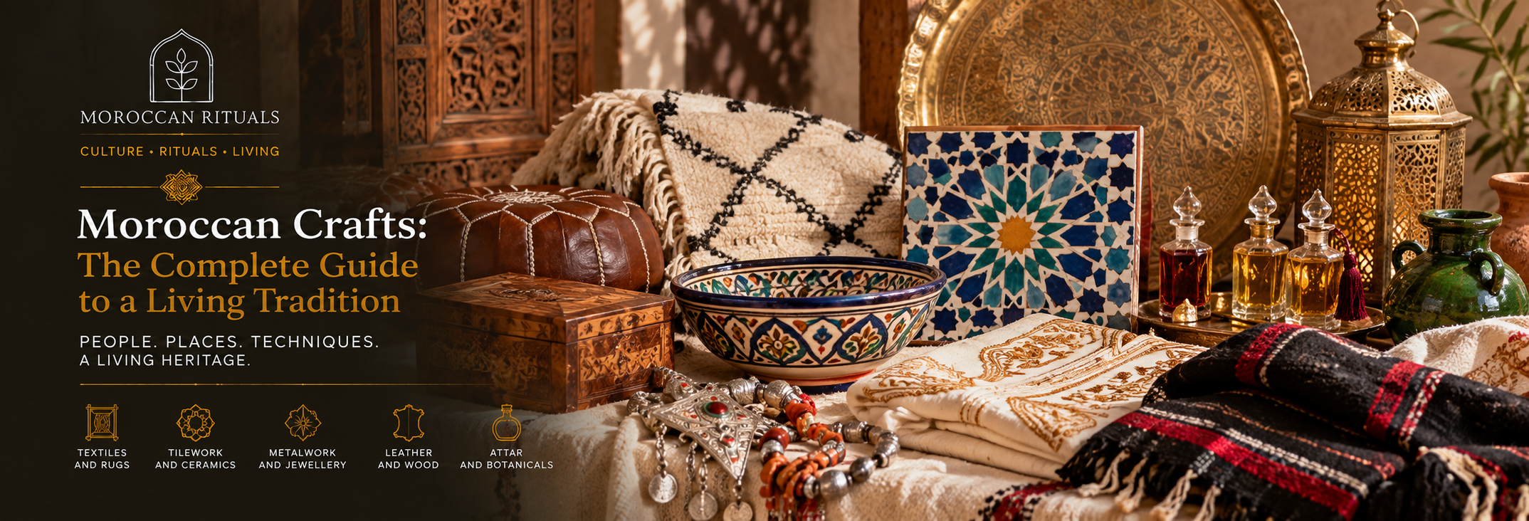A composed still life of Moroccan craft objects laid out on a linen cloth — a small Beni Ourain rug fragment, a Fez zellige panel, a Tiznit silver fibula, a Safi polychrome bowl, a Fez embroidered cloth, a brass tea tray, an Essaouira thuya box, a bottle of rose attar, all arranged as an editorial atlas of the country's material culture.