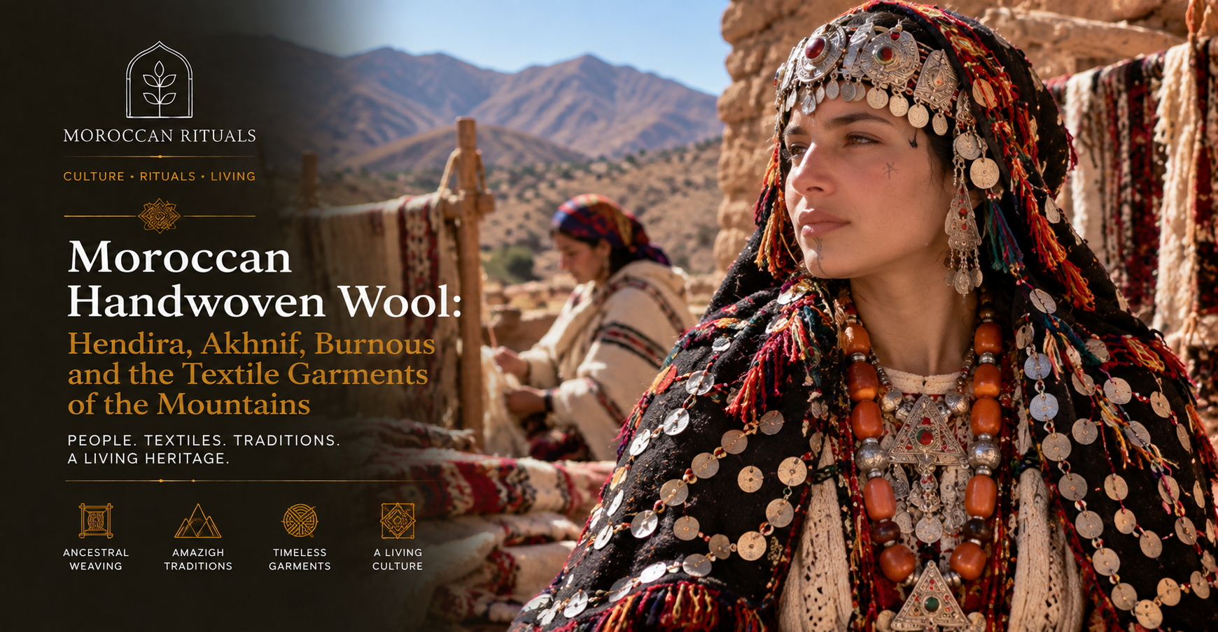 A Middle Atlas Amazigh bride wearing a heavy handwoven wool hendira across her shoulders — the black wool ground covered in small round metal sequins arranged in horizontal bands, the specific weight and drape of the piece unmistakable, silver jewellery visible underneath at neck and wrists.